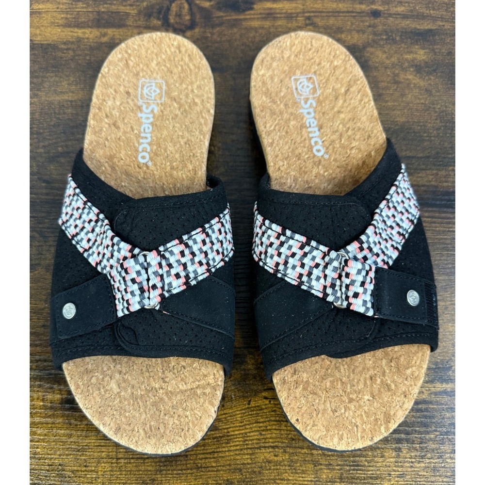 Spenco Women's Bonaire Orthotic Slide Sandals Black Print Cork Size 9 B Comfort - Picture 2 of 11
